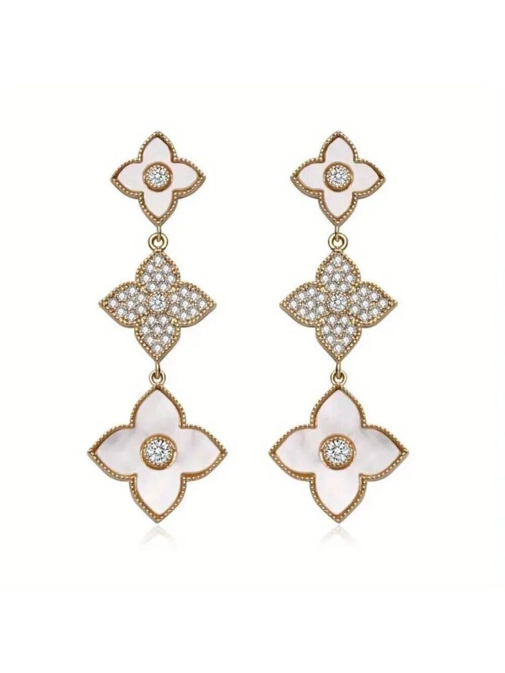 Gold and White Floral Drop Earrings